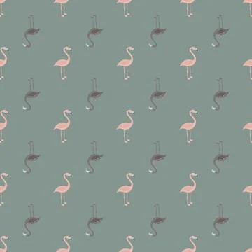 Pale tones seamless pattern with doodle flamingo bird tropic print. Blue back Illustrazione stock