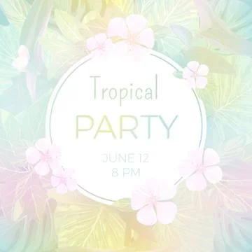 Pale vector tropical background with palm leaves and exotic flowers Stock Illustration