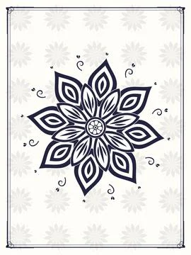 A pale vertical decorative frame features a bold navy mandala with layered .. 스톡 일러스트