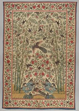 Palempore with pattern of peacocks and black birds in bamboo forest. Cotto... Stock Photos