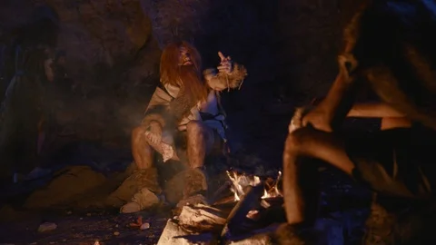 Paleolithic primitive tribesmen warming up at bonfire. Leader of prehistoric Stock Footage 116631124