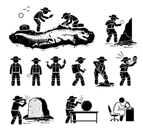 Paleontologist scientist digging dinosaur bone fossil and discover ancient ar Stock Illustration
