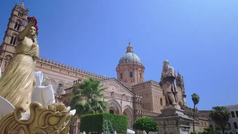 Palermo Cathedral pan with festive float and side entrance statue Stock Footage 311404056