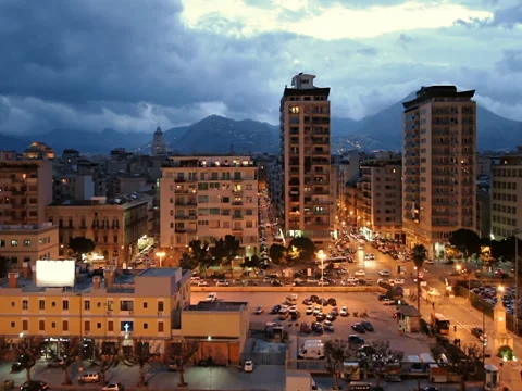 Palermo port district view from big cruise ship deck at night. Stock Footage 84863780