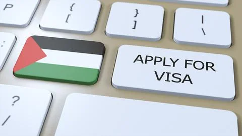 Palestine, Apply for Visa Concept. Button Push 3D Illustration. Visa Apply for Illustrazione stock