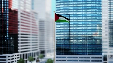 Palestine Flag 3D Render Animation Waving in Front of Modern Glass Buildings Video stock 332950702