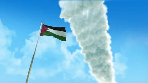 Palestine Flag 3D Render Animation on Pole with Fighter Jets Smoke Trails in Stock-Footage 333235565
