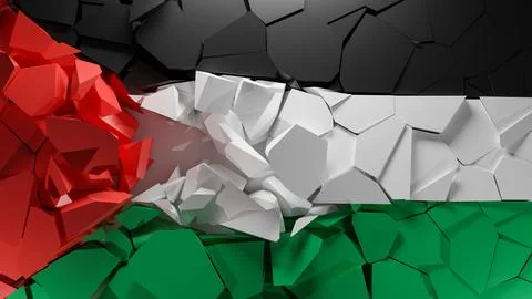 Palestine flag crashes explodes in to a particles. White background. Concep.. Illustrazione stock