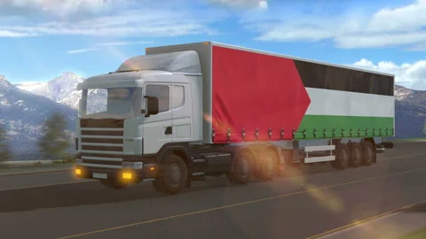 Palestine flag shown on the side of a large truck Stock Footage 122105032