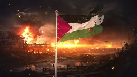 Palestine flag waving in war is torn Stock Footage 346089162