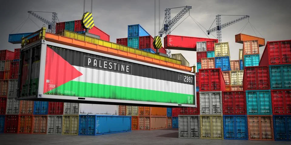 Palestine - freight container in cargo terminal - 3D illustration Stock Illustration