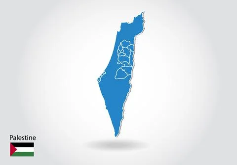Palestine map design with 3D style. Blue Palestine map and National flag. Sim Stock Illustration