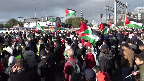 Palestine protest, demonstrators walk through streets of Amsterdam Video stock 253400582