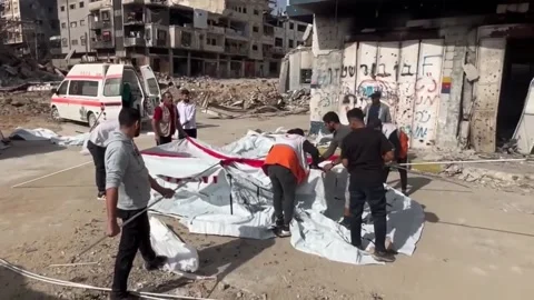 The Palestine Red Crescent teams have established an Advanced Medical Post (... Stock Footage 289479220