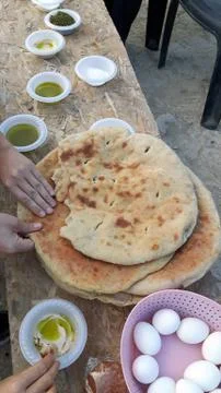 Palestinian bread with boiled eggs Stock Photos