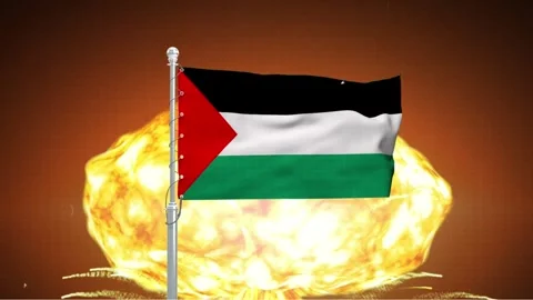 Palestinian flag waving in front of massive nuclear explosion concept foota.. Видео 341868759