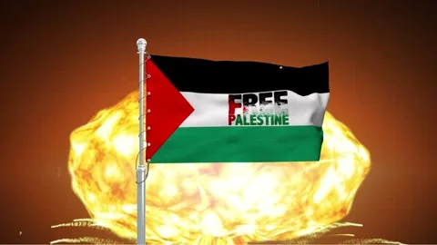 Palestinian flag waving in wind with mushroom cloud explosion backdrop cine.. Stock Footage 341868761