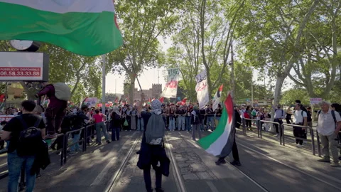 Palestinian Flags and Protesters Demonstrating in Rome, Italy, 2025 Stock Footage 319027442