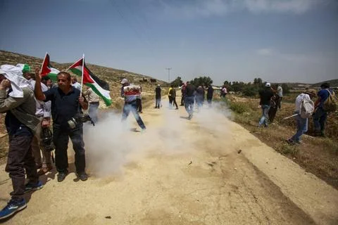  Palestinians react during protests against the establishment of Israeli o... Stock Photos