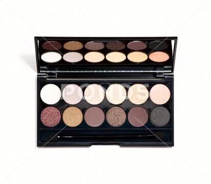 Palette of eye shadow close-up reflected in mirror. Stock Photos