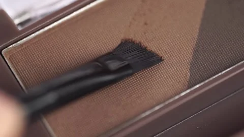 A palette with eyebrow shadow and a makeup brush. Brush gains brown eyeshad.. Stock Footage 259036728