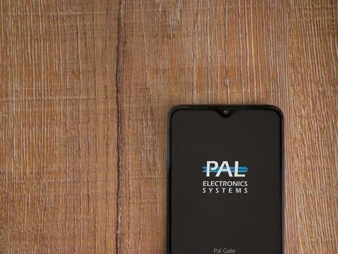 PalGate app launch screen on smartphone on wooden background Stock Photos