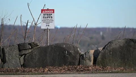 Palisades Steep Cliffs Warning Sign Video stock 223904959