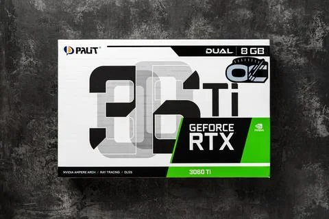 Palit Nvidia Geforce RTX 3060 Ti Dual OC 8GB gaming graphics card box. Top view. Stock Photos