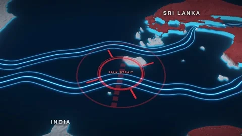 Palk Strait 3D terrain relief map on a near-black sea Видео 344267613
