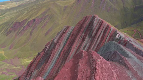 Pallay Punchu mountain sharp ridge mineral strata aerial view Cusco Peru Vídeo Stock 345005642