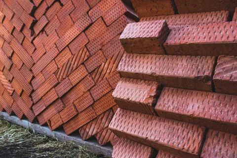 Pallet of bricks for construction close-up. Selective focus Stock Photos