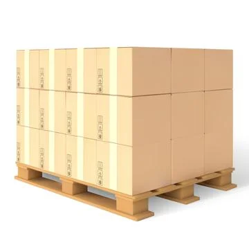 Pallet with cargo, vector 3D realistic brown carton parcel closed with duct tape Illustrazione stock