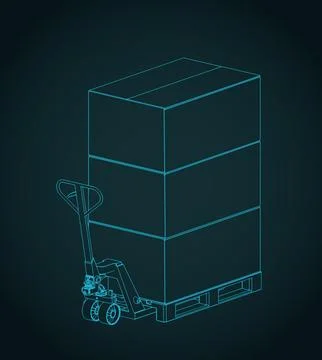 Pallet jack with cardboard boxes on pallets isometric blueprint 스톡 일러스트