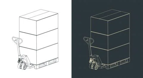 Pallet jack with cardboard boxes on pallets isometric drawings Stock Illustration