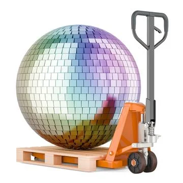 Pallet jack with mirror disco ball, 3D rendering Illustrazione stock