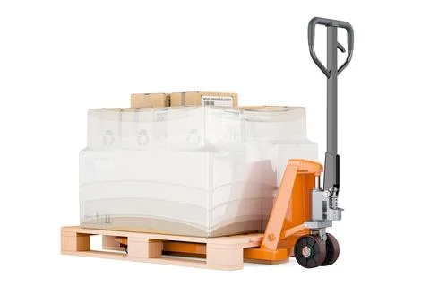 Pallet jack with parcels wrapped in the stretch film, 3D rendering Stock Illustration