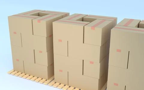 Pallet with lined up cardboard boxes Image of a logistics warehouse, Copi 3DCG Stock Illustration