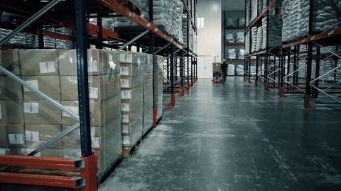 Pallet is moved by an operator with an electric pallet truck in a warehouse. Pro Stock-Footage 128295711