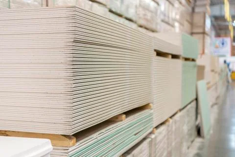 Pallet with plasterboard in the building store Stock Photos
