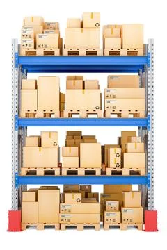 Pallet rack full of cardboard boxes and parcels, 3D rendering Illustration
