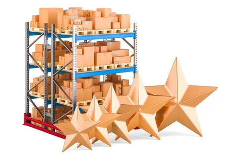 Pallet rack with parcels with five golden stars. 3D rendering Illustrazione stock