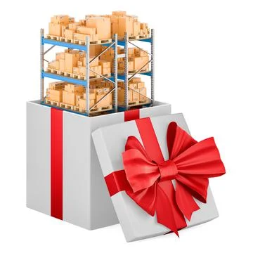 Pallet racks with parcels inside gift box, 3D rendering Illustrazione stock