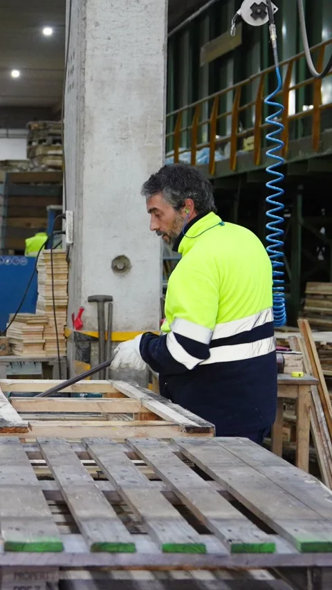 Pallet recycling process in slow motion Stock Footage 313924397