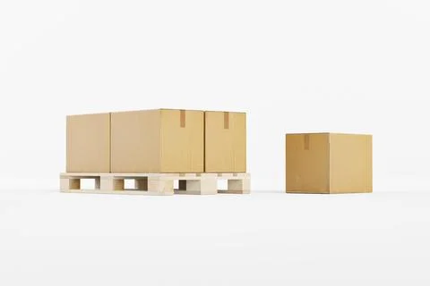 Pallet with stack of carton boxes on isolated background 3d render Illustrazione stock