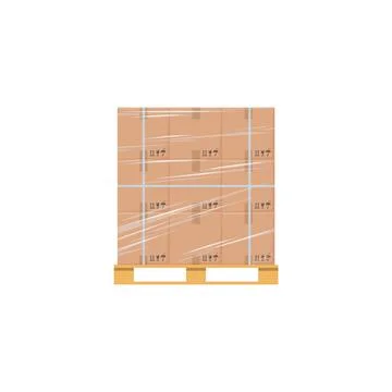 Pallet tray with parcels wrapped in stretch film, flat vector isolated. イラスト素材