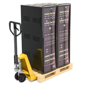 Pallet truck with computer server racks, delivery concept. 3D rendering Illustrazione stock