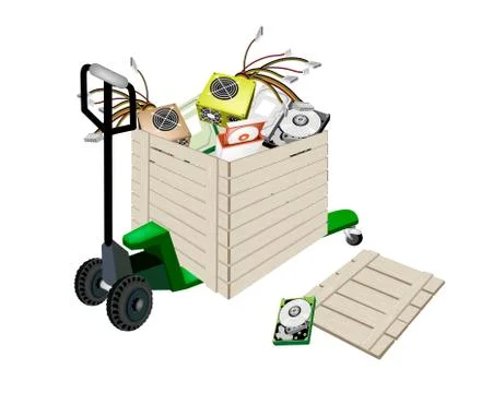 Pallet Truck Loading Hardware Computer in Shipping Box Illustrazione stock
