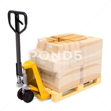Pallet truck with parcels wrapped in the stretch film, 3D rendering Stock Illustration