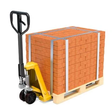 Pallet truck with stack of bricks, 3D rendering Stock Illustration