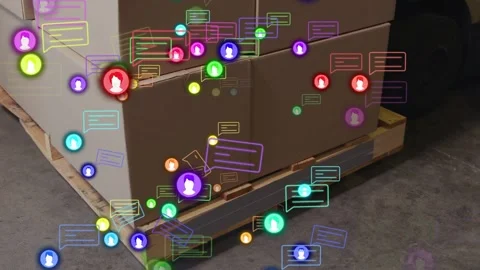 Palleted boxes receiving data in warehouse, spawning avatar bubbles around Stock Footage 332901832